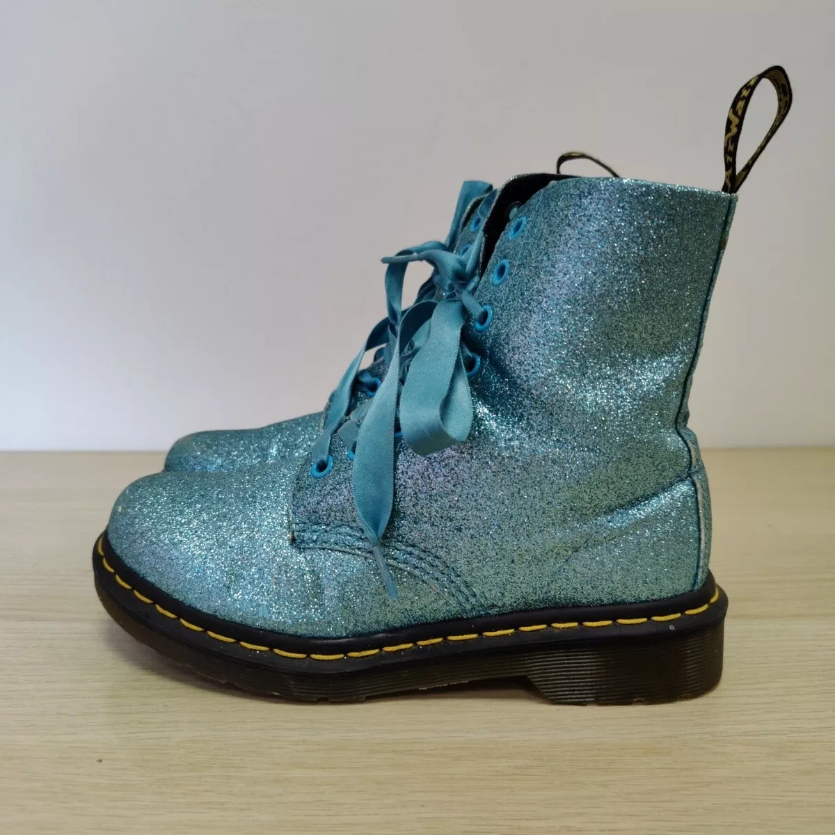 Dr Martens 1460 Pascal Turquoise Blue Glitter Sparkly Ankle Boots Size Uk 4