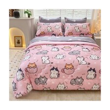 7 Piece Girls Cats Comforter Set Twin Size Bed in A Bag Pink Cute Cartoon Pet...