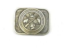 VINTAGE USED 1980 GOODYEAR HUNTING-FISHING CLUB BELT BUCKLE WITH HISTORY ON BACK