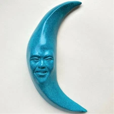 Handmade 7" Blue Mini Moon, Signed Wall Sculpture, Folk Art Home or Garden Decor