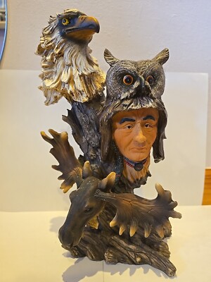 Vintage Native American With Owl Headress Eagle And Moose 12'' Tall Rare K1