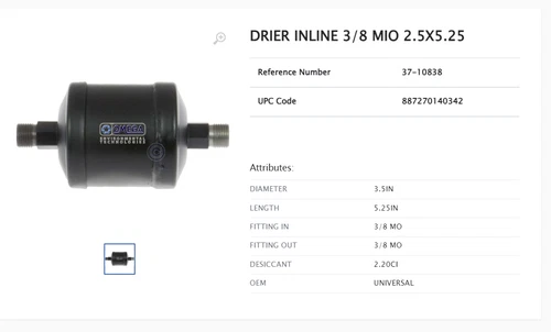 New A/C Receiver - 3/8MIO X 3/8MIO 05-000-244 (In-Line) Drier 3/8"