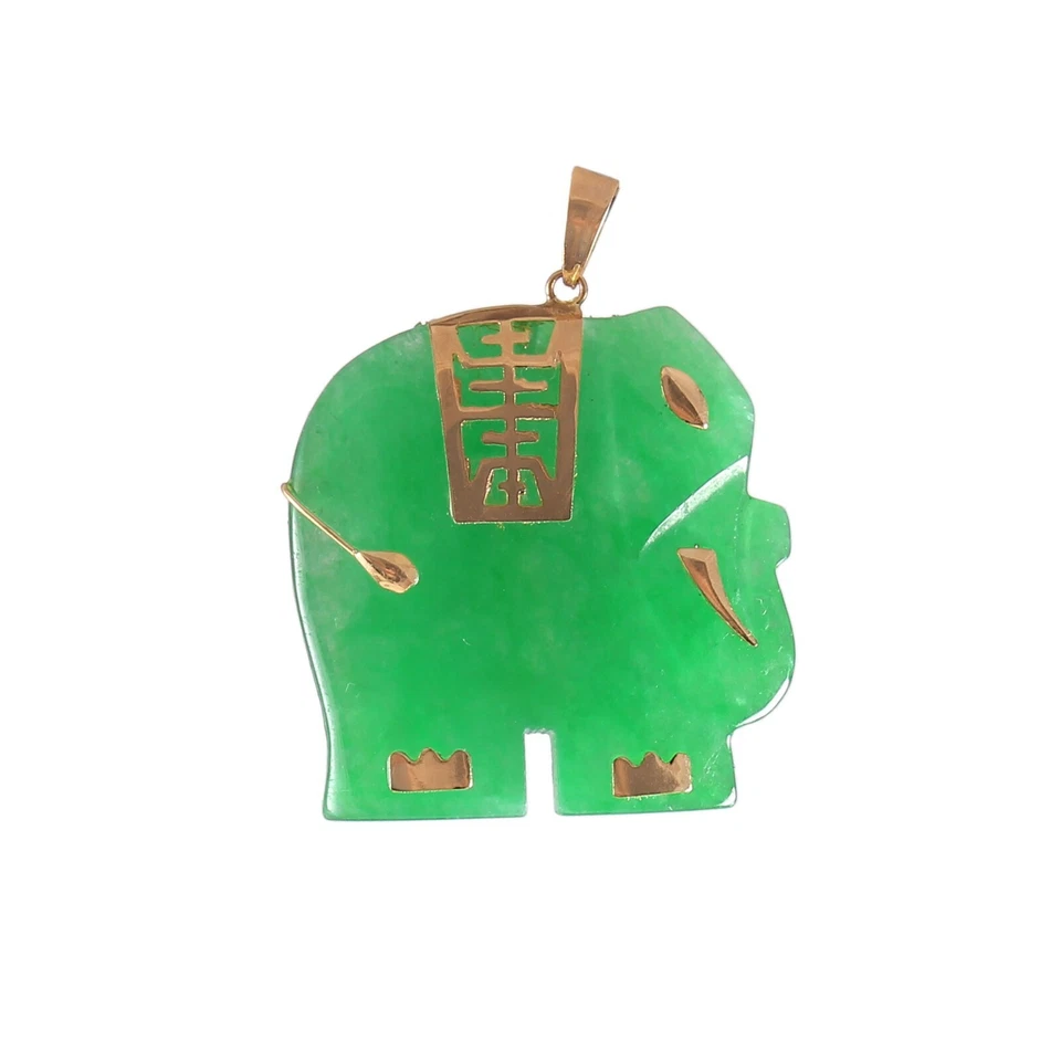 14k Solid Gold Schmuck Natürlich Grüner Jade Edelstein Hand Geschnitzt Elefant - Bild 3 von 4