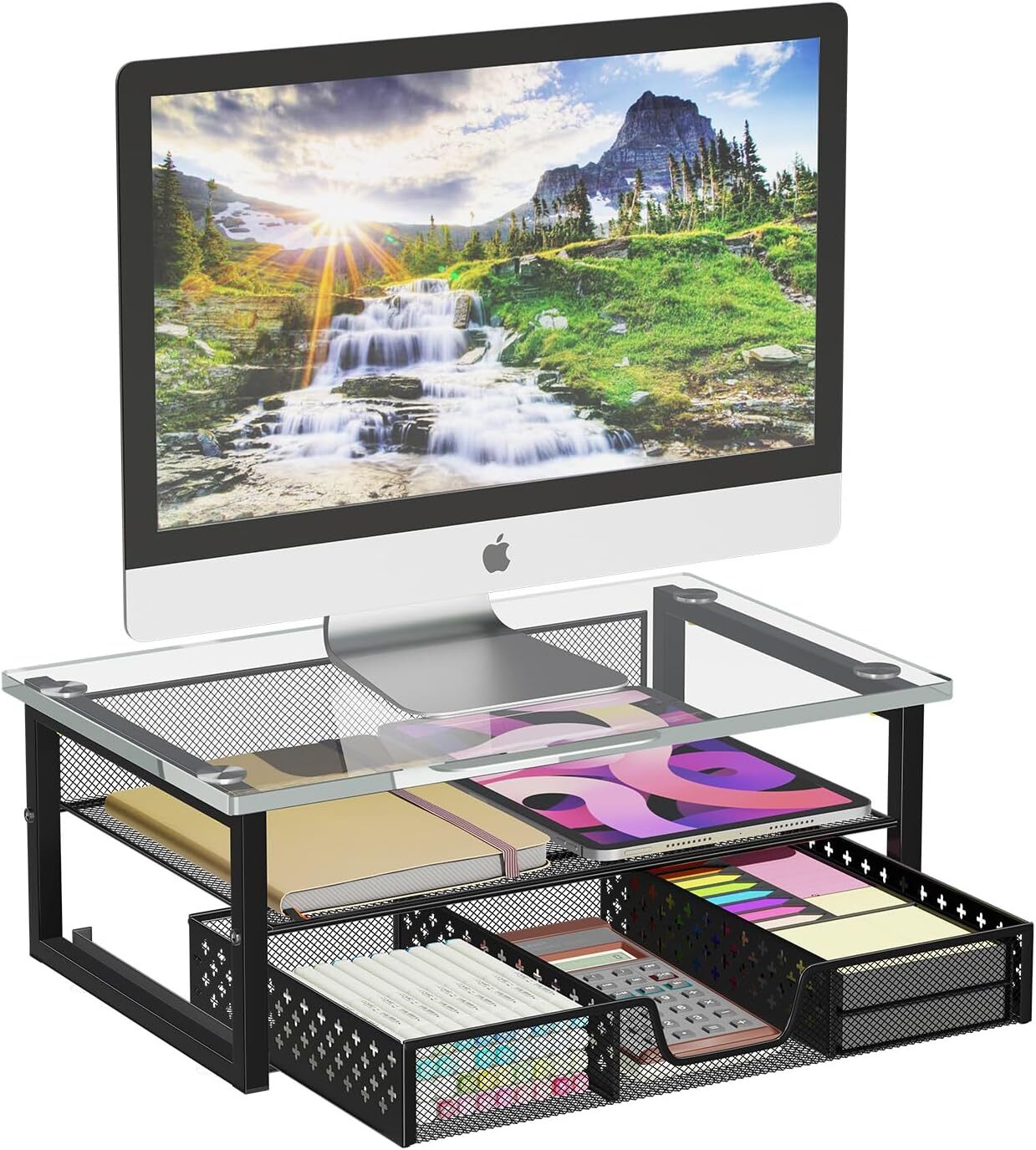 Monitor Stand Riser with Drawer, 2 Tier Glass and Metal Computer Desk Black-image
