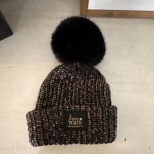 Love Your Melon Black Gold Acrylic Knit Pom-Pom Beanie Hat with Logo Patch