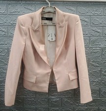 Zara Padded Shoulder One Clasp Cropped Blazer Pink Size Medium