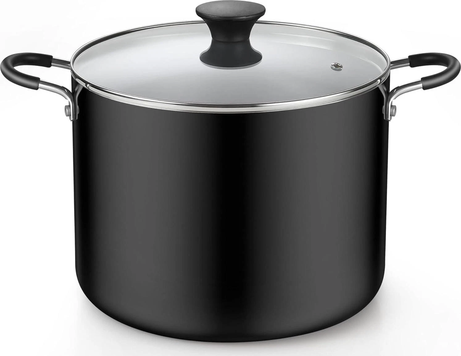 Nonstick Aluminum Stockpot 10.5 Qt Deep Cooking Pot Glass Lid Black