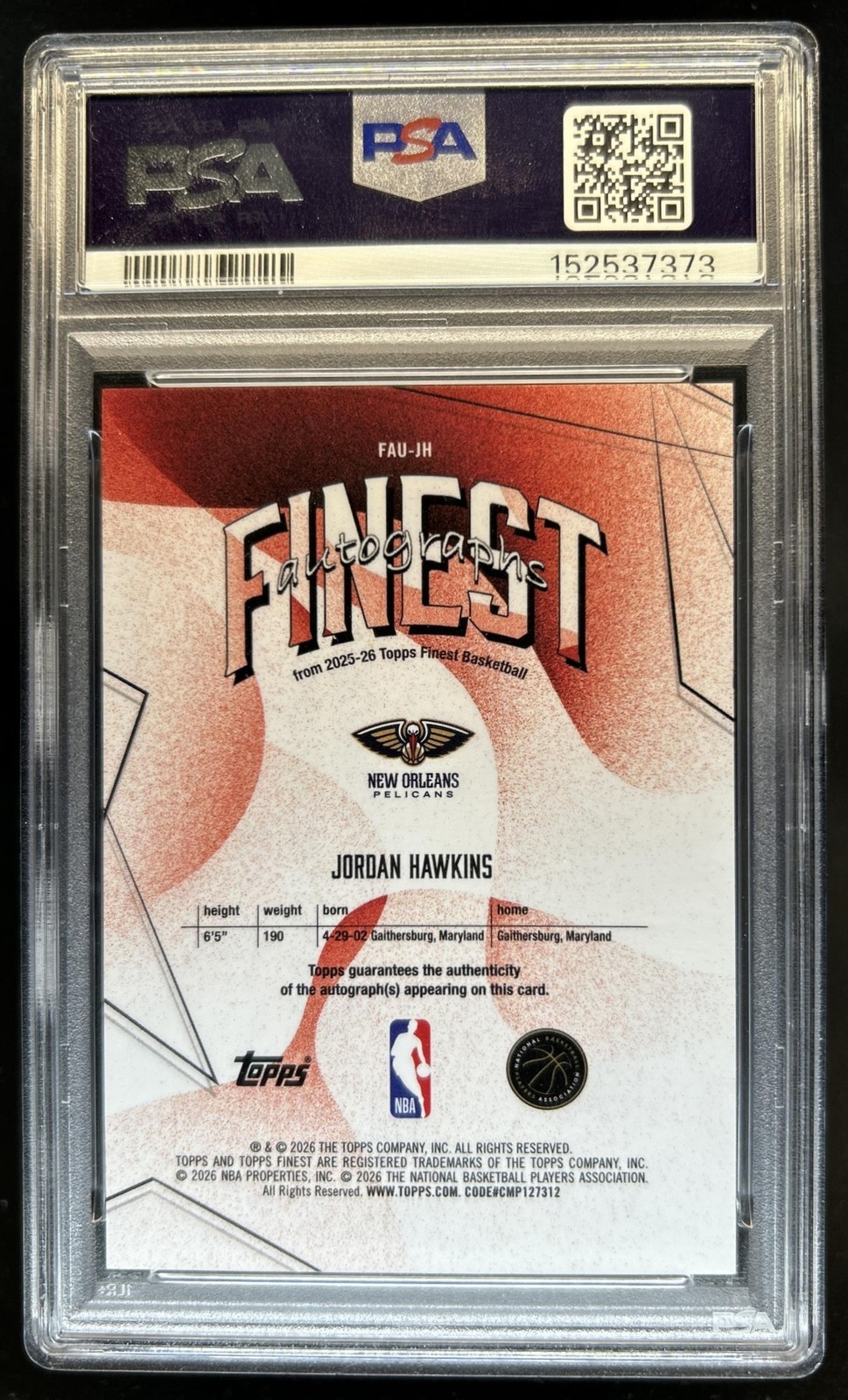 2025-26 Topps Finest Jordan Hawkins Auto Autograph #FAU-JH Pelicans PSA 9 view 2