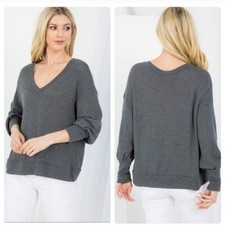 Gray V-Neck Oversized Knit Sweater For Women-SIZE: MEDIUM