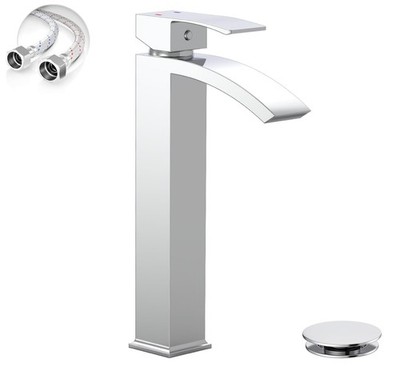 Chrome Vessel Sink Faucet, Waterfall Bathroom Faucets, Tall Spout Single Hand...