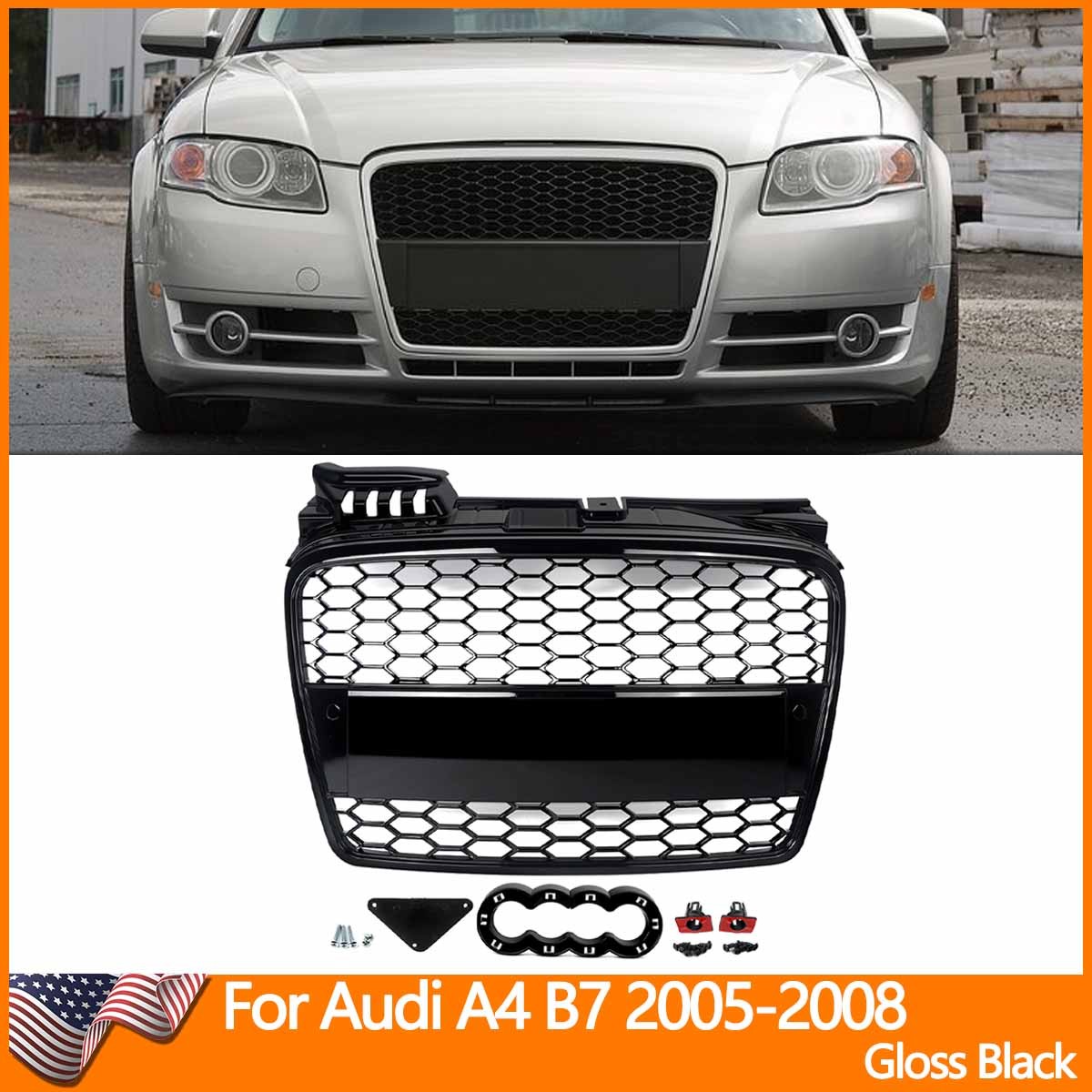 For 2005-2008 Audi A4 B7 RS4 Style Front Bumper Honeycomb Grille Gloss Black