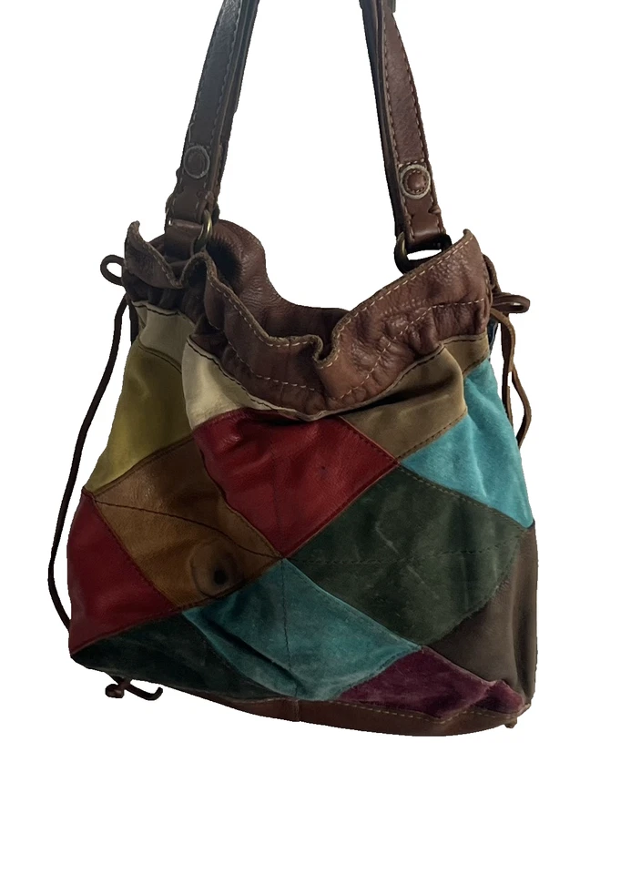 Lucky Brand Hobo Shoulder Bag Colorful Patchwork Leather Suede Flowers Vtg Boho - Image 2 of 4