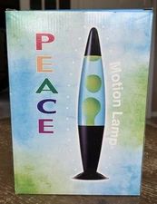 New Desk Table Top PEACE Motion Lamp Blue Liquid Green Wax Black Base 16”