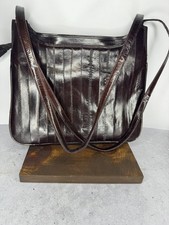 Vintage Dark Brown Eel Skin Leather Double Strap Shoulder Handbag Made in Korea