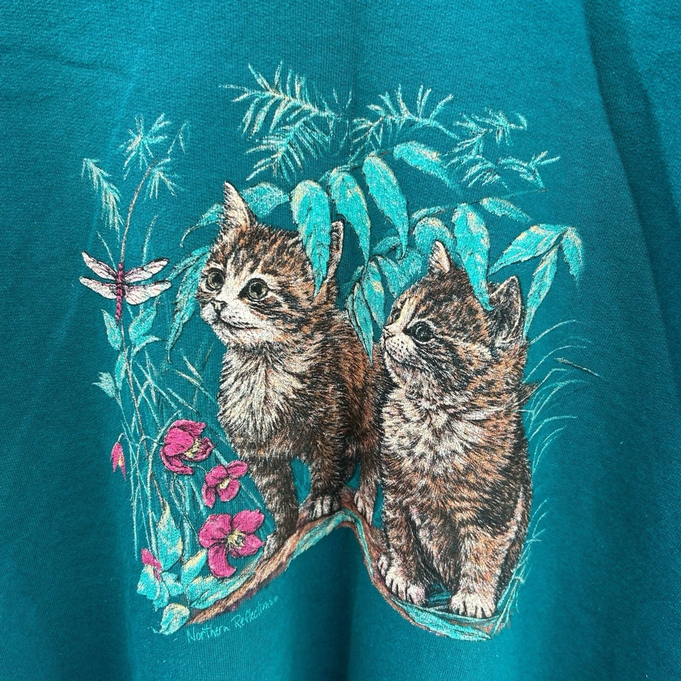 Moletom vintage década de 1990 Northern Reflections Kittens L 25x28,5 azul-petróleo - Imagem 2 de 4