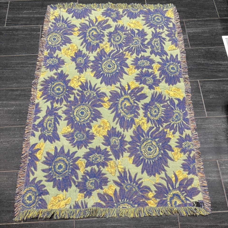 Vintage Woven Throw Blanket Sunflowers Blue Yellow Green Fringe Cozy Home Decor - Image 2 of 4