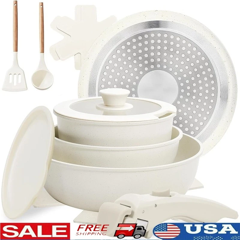 10 Piece Stackable Non-Stick Cookware Set Removable Handles Easy Clean Pans New