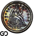 1850 Seated Liberty Dime, Deep Rainbow Color, Scarce Date, Choice BU++ Bids 725