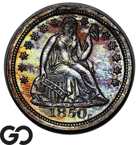 1850 Seated Liberty Dime, Deep Rainbow Color, Scarce Date, Choice BU++ Bids 725