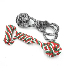 2 Large Dog Toys, Tug Ropes Chew Christmas Holiday Colors