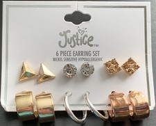 Justice Earrings 6 Pairs Stud Post Back Earring Set Squares Triangles Hoops