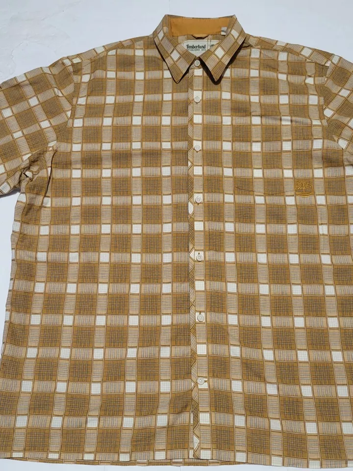 (#A1) Timberland abotonable para hombre talla 3XL manga corta marrón a cuadros 100 % algodón Foto 2 de 4