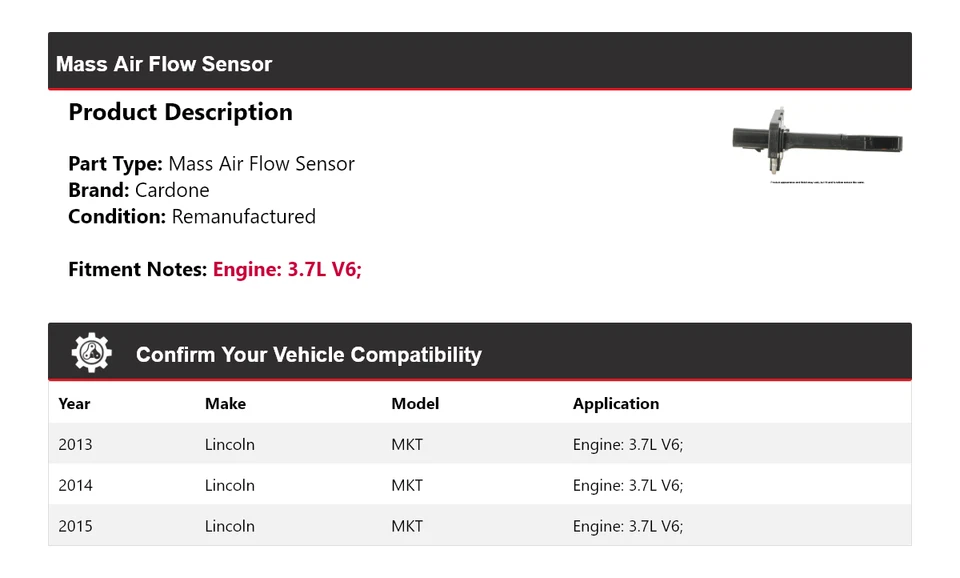Sensor de flujo de aire másico Cardone 2014 para Lincoln MKT 2013-2015 3,7 L V6 Foto 2 de 4