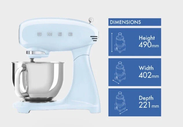 NEW Smeg 800W Pastel BLUE Mixer 50's Style w/ Stainless Steel Bowl - SMF03PBAU - Image 3 of 4