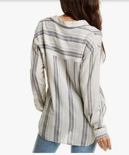 NUEVO CON ETIQUETAS Espléndido Cuello Lateral Dividido a Rayas Abotonadas Manga Larga Blanco Talla Pequeña Foto 4 de 4