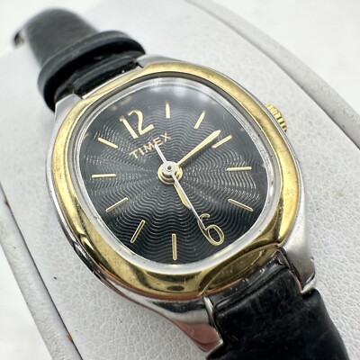 TIMEX Women's Watch Gold Tone Black Leather Band T23251 NEW BATTERY Free Ship US
