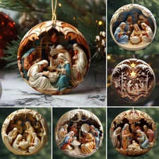 6× Vintage Birth of Jesus Nativity Scene Christmas Ornaments 2D Wooden Decor USA