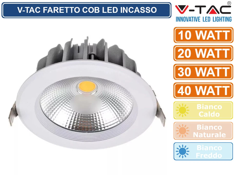 V-TAC FARO FARETTO COB LED DA INCASSO ROTONDO BIANCO 10W 20W 30W 40W LED DRIVER - Immagine 2 di 4