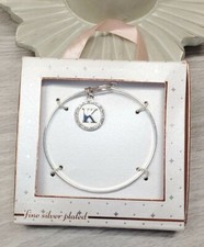 Fine Silver Plated Crystal Encircled Initial Letter "K" Charm Bangle Bracelet
