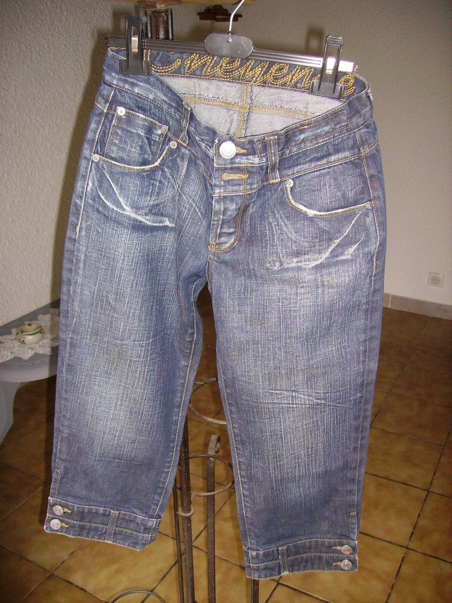 Pantacourt Jeans Occasion Femme - Taille 36/38 - Bleu Délavé - Très Bon état