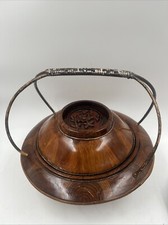 Antique Chinese Bamboo Hat Basket Floral Wooden Carving