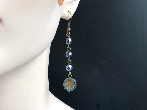 Long Blue Beaded Earrings. Glass Bead Drop Earrings. Sparkly Bohemian - Picture 4 of 16