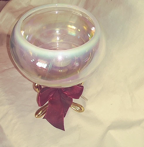 FENTON Glass Iridescent Bowl Candle Holder  w/ Brass Stand  & Stamped w/Logo 8"T