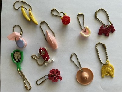 Vintage 1960s Keychains Lot of 14!Plastic Toys Race Car Fish Teeth Toilet & More