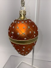 Jeweled Glass Egg Christmas Ornament Orang w Sparkling Gold/ Silver Glitter