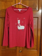 Womens Winter Top Red Striped White Llama Snowflake Size L 