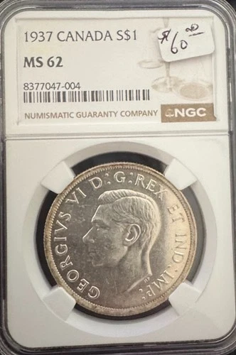 1937 Canada $1 Silver – NGC MS62 – King George VI Voyageur Dollar