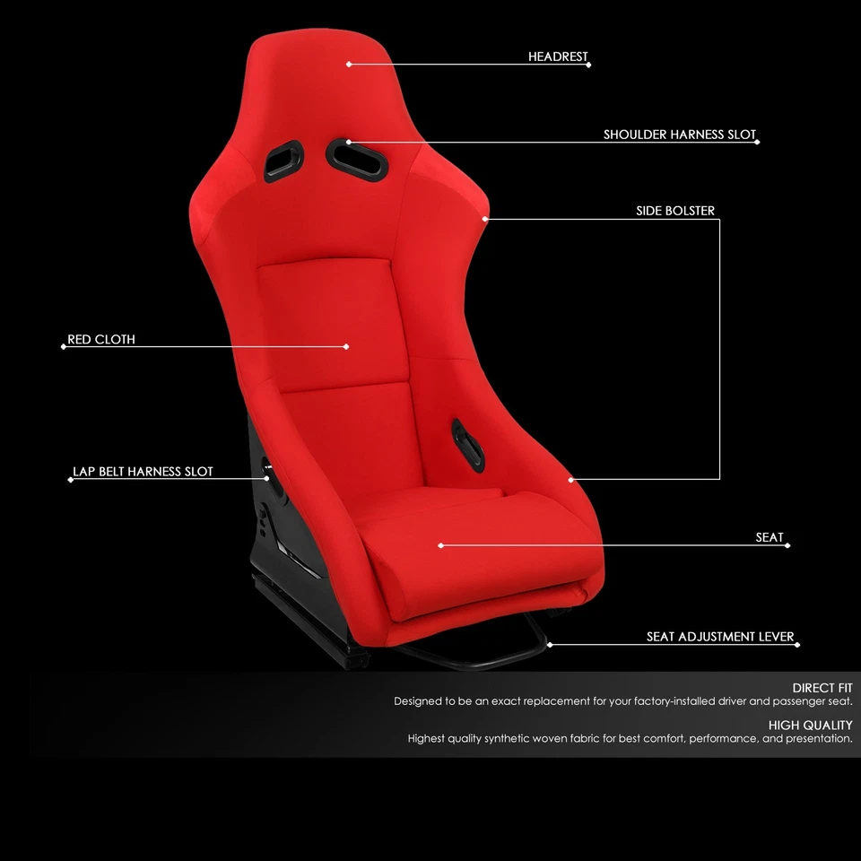 PAIR OF UNIVERSAL FIBERGLASS RED FABRIC FIXED POSITION RACING BUCKET SEAT L+R Foto 2 de 4