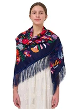 Womens Ethnic Square Scarf – Navy Blue Lightweight Shawl Wrap with Tassel Fri...
