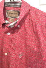 Ariat Wrinkle Free Shirt Men S Button Down LS Western Coral Red Geometric Cowboy