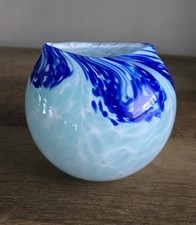 Signed Hand Blown Studio Art Glass Cobalt Blue and Light Blue Swirl Vase