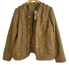 Chicos Gold Tweed Blazer Jacket Sequin Size L Raw Fringe Open Cold Weather NWT