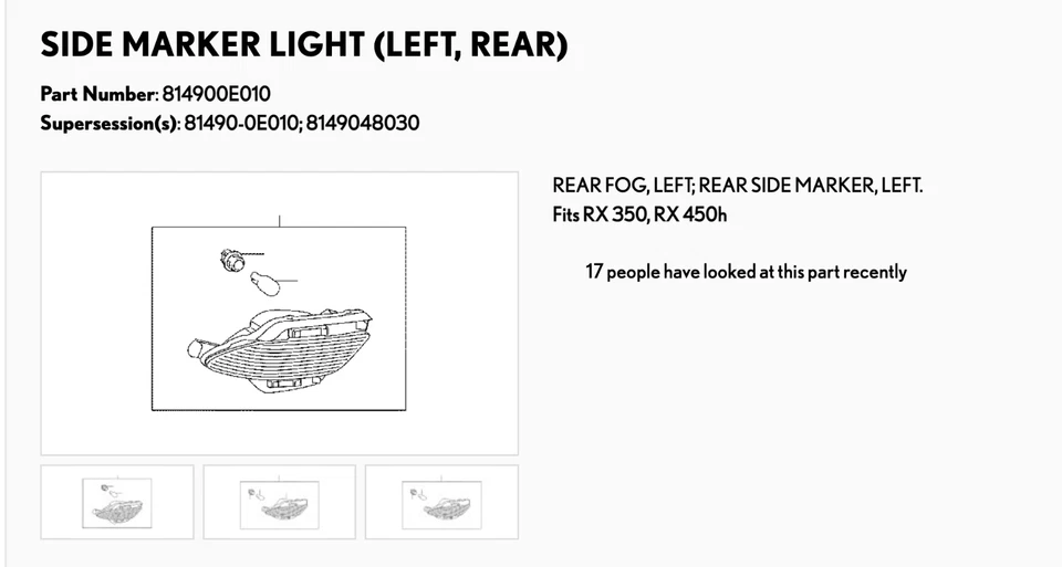 2011-2015 OEM Lexus RX350, RX450H Side Marker, Left Rear New 814900E010 Unopened - Image 3 of 3
