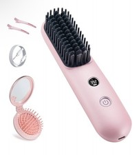 LCD Screen Cordless Hair Straightener Curler 2 in 1, Portable Mini Brush Travel