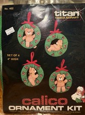 Vintage 1984 Titan Needlecraft Teddy Bear Wreath Calico Ornament Kit Set of 4