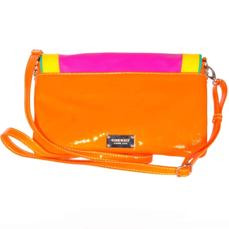 Bolso de Hombro Nine West Naranja y Rosa Caliente Charol Sobre Colorido Cartera Foto 2 de 4